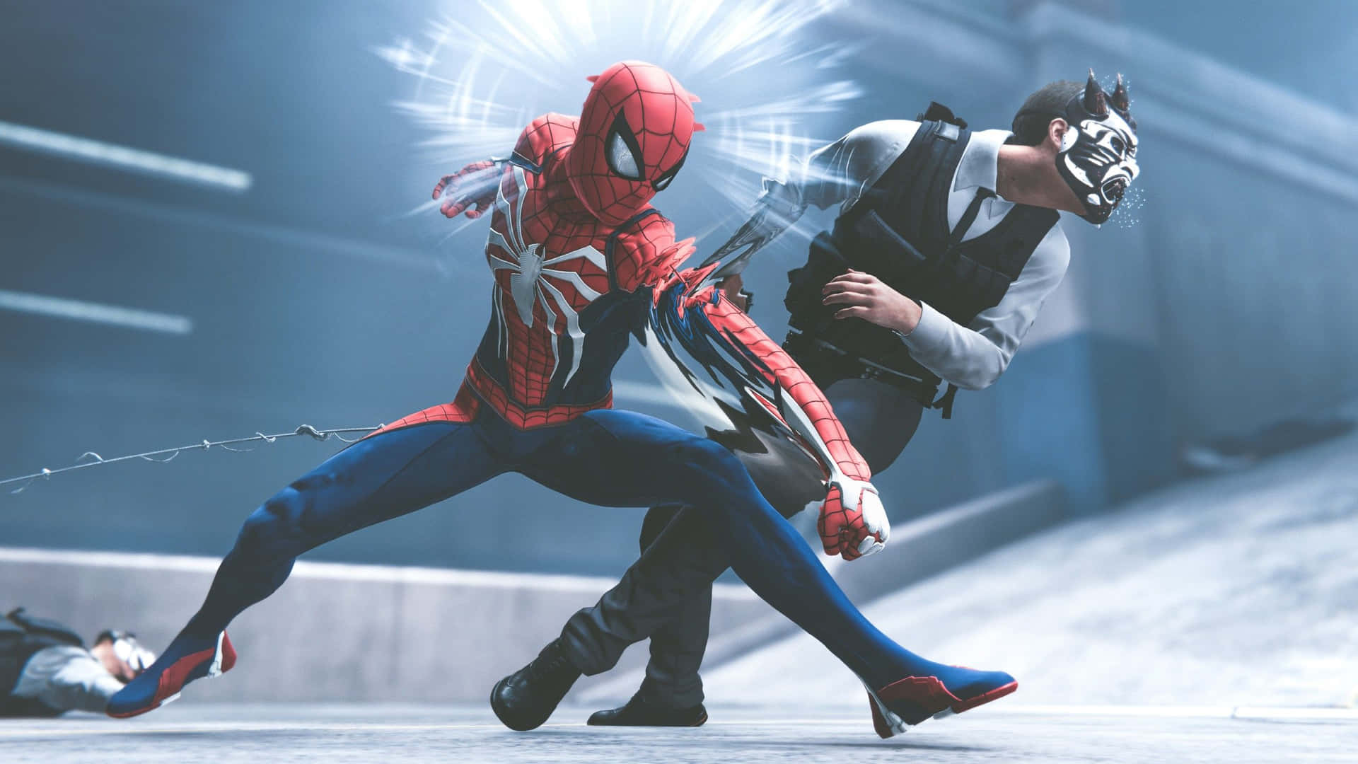 Marvel Ps4 Spiderman Fighting Masked Man Wallpaper