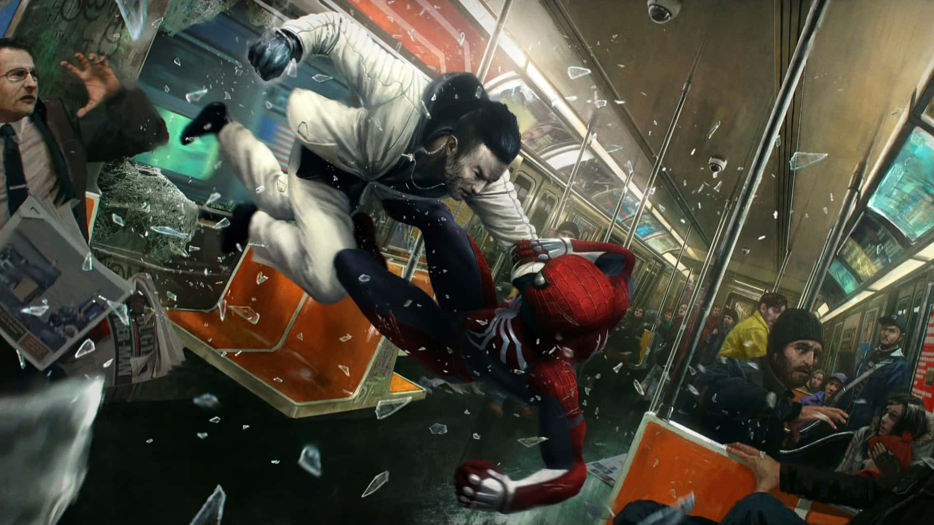 Marvel Ps4 Spiderman Fighting On The Subway Wallpaper