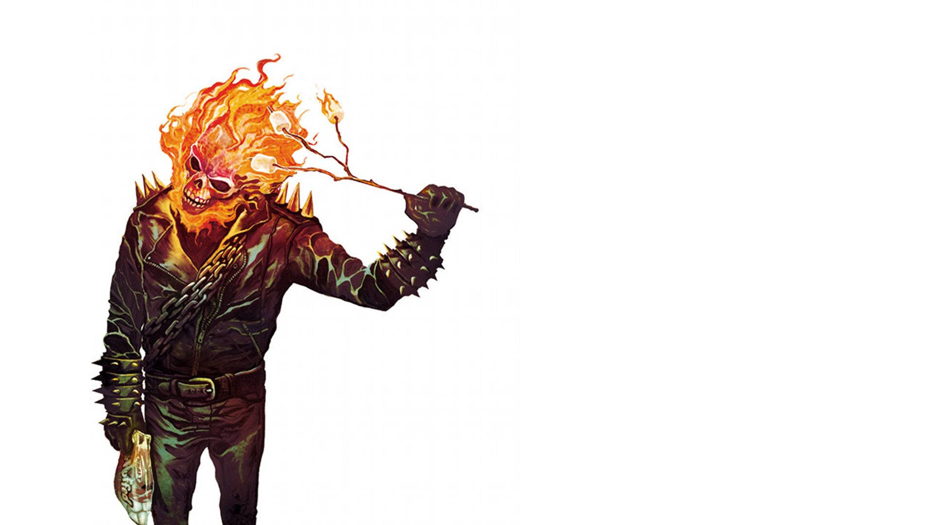 Marvel villain skeleton burning his own head with a stick of marshmallows.