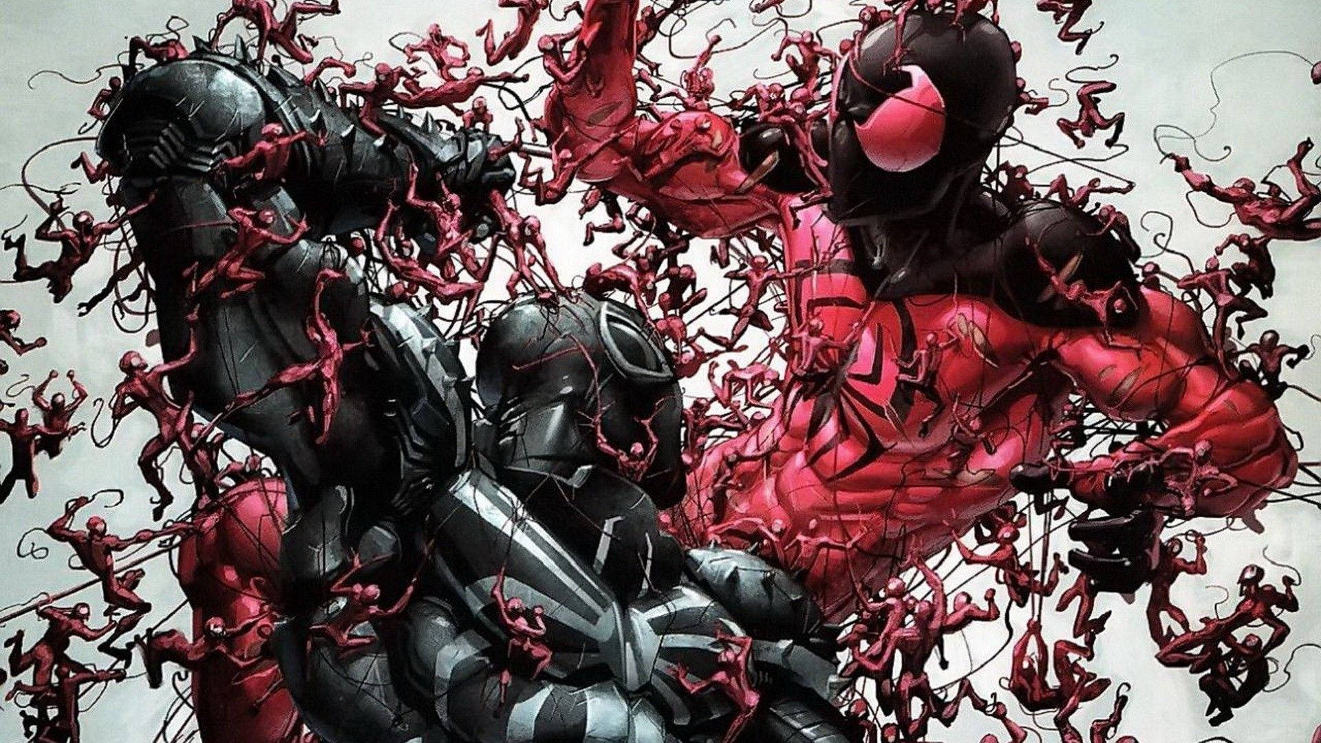 Marvel superhero Spiderman red and black with tiny men. 