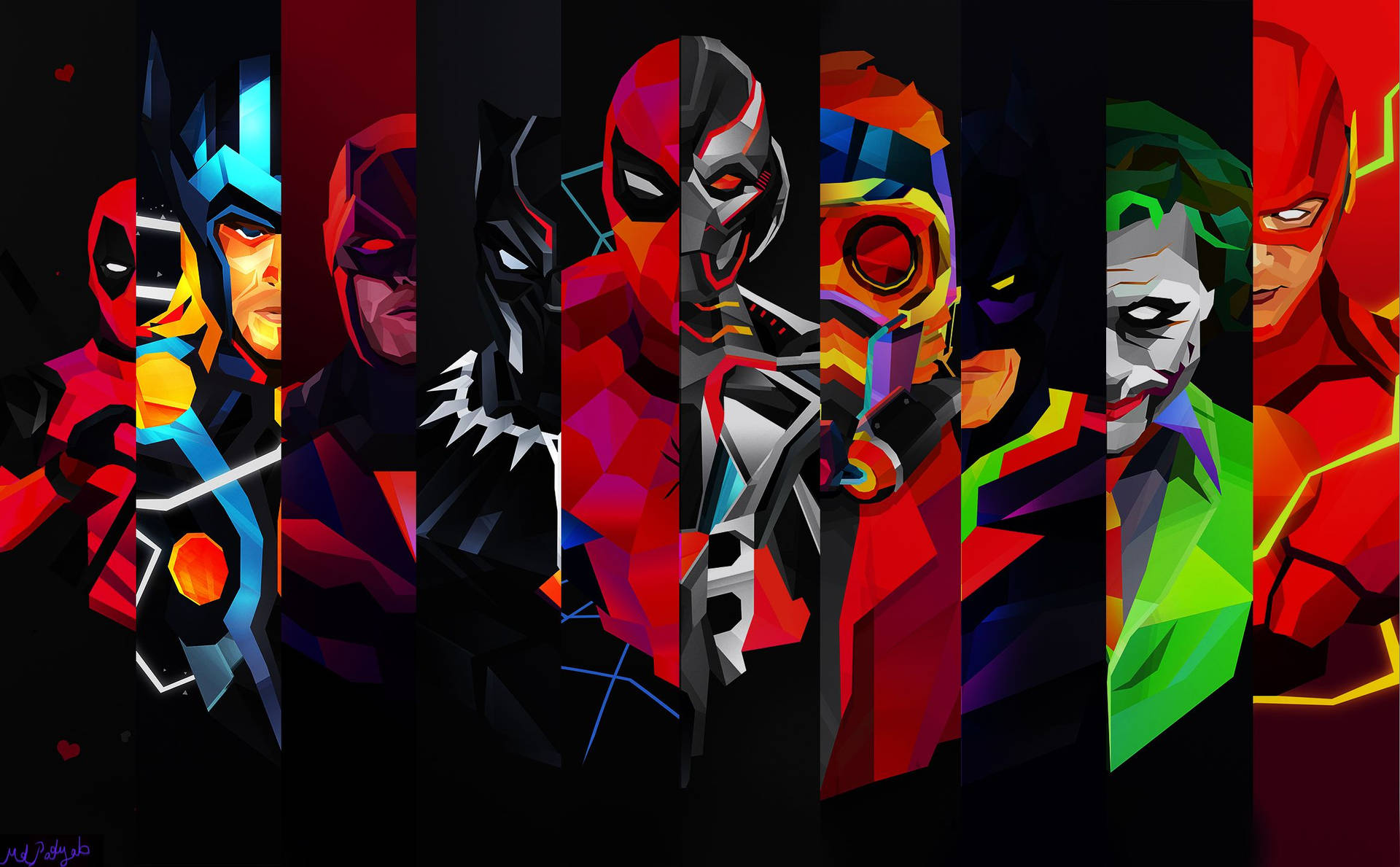 Marvel superhero digital art with characters in vertical stripes.