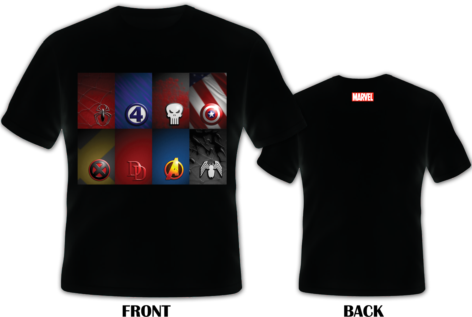 Marvel Superhero Icons Black Tshirt Design PNG