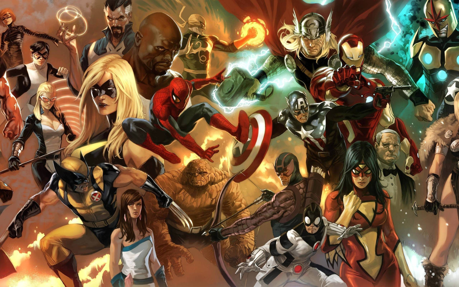 Marvel superhero characters in one background.