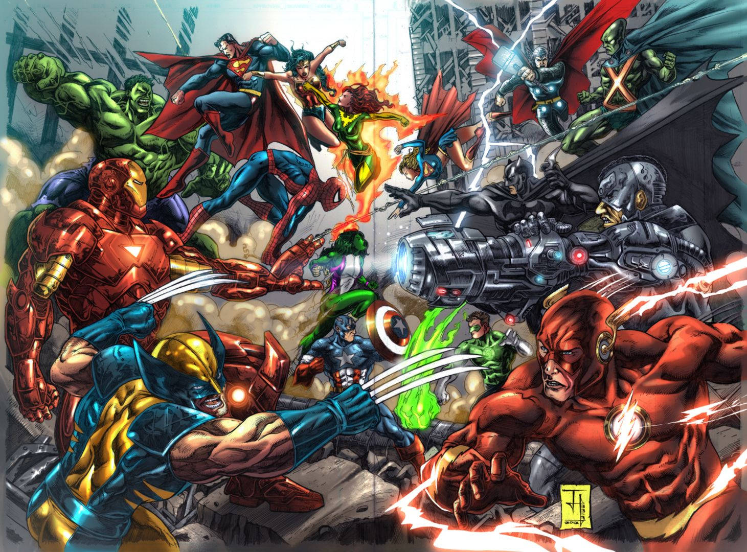 Arteépica Da Batalha De Super-heróis Da Marvel. Papel de Parede