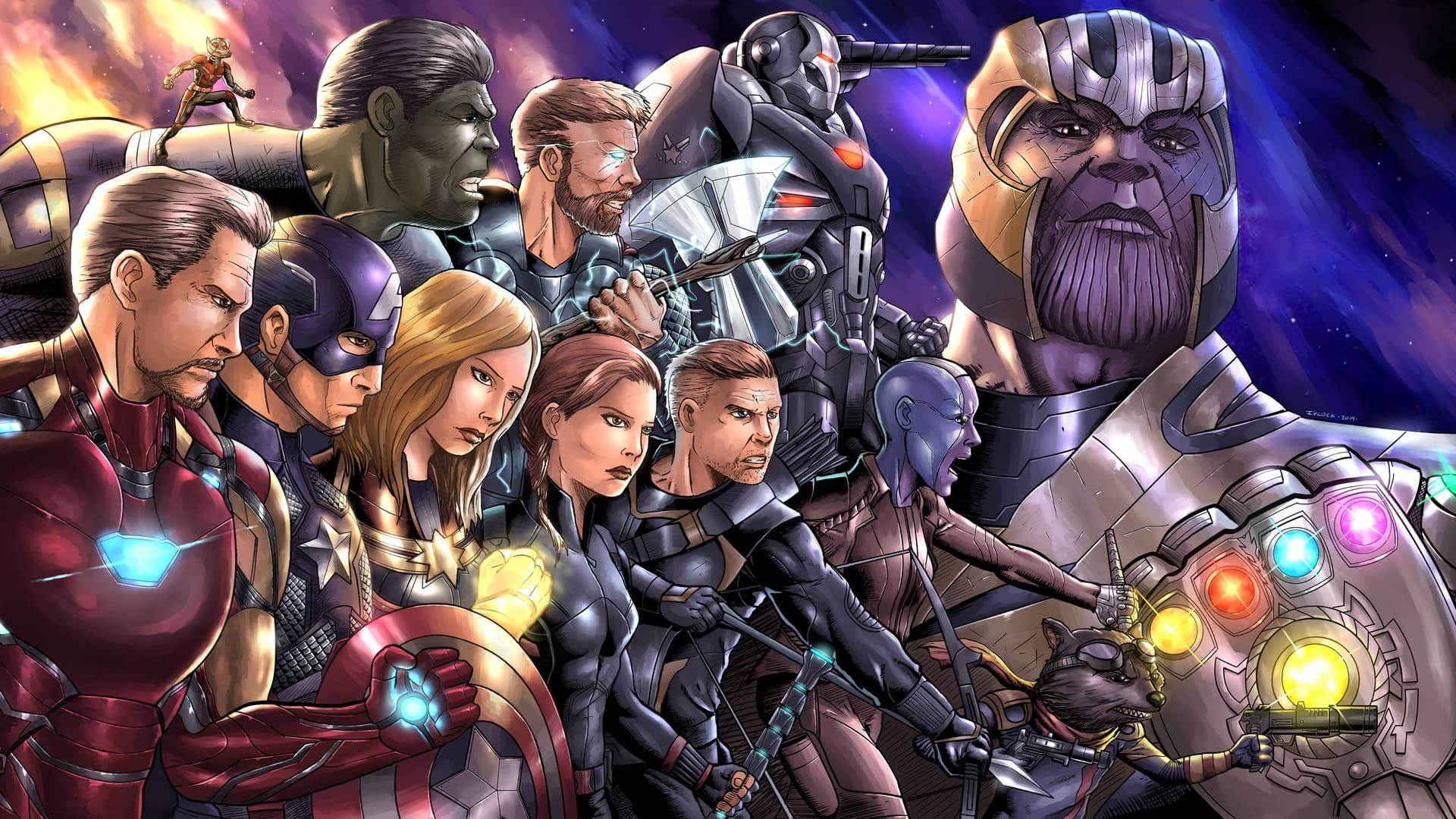 Marvel Superhelte Med Thanos Lurker I Baggrunden. Wallpaper