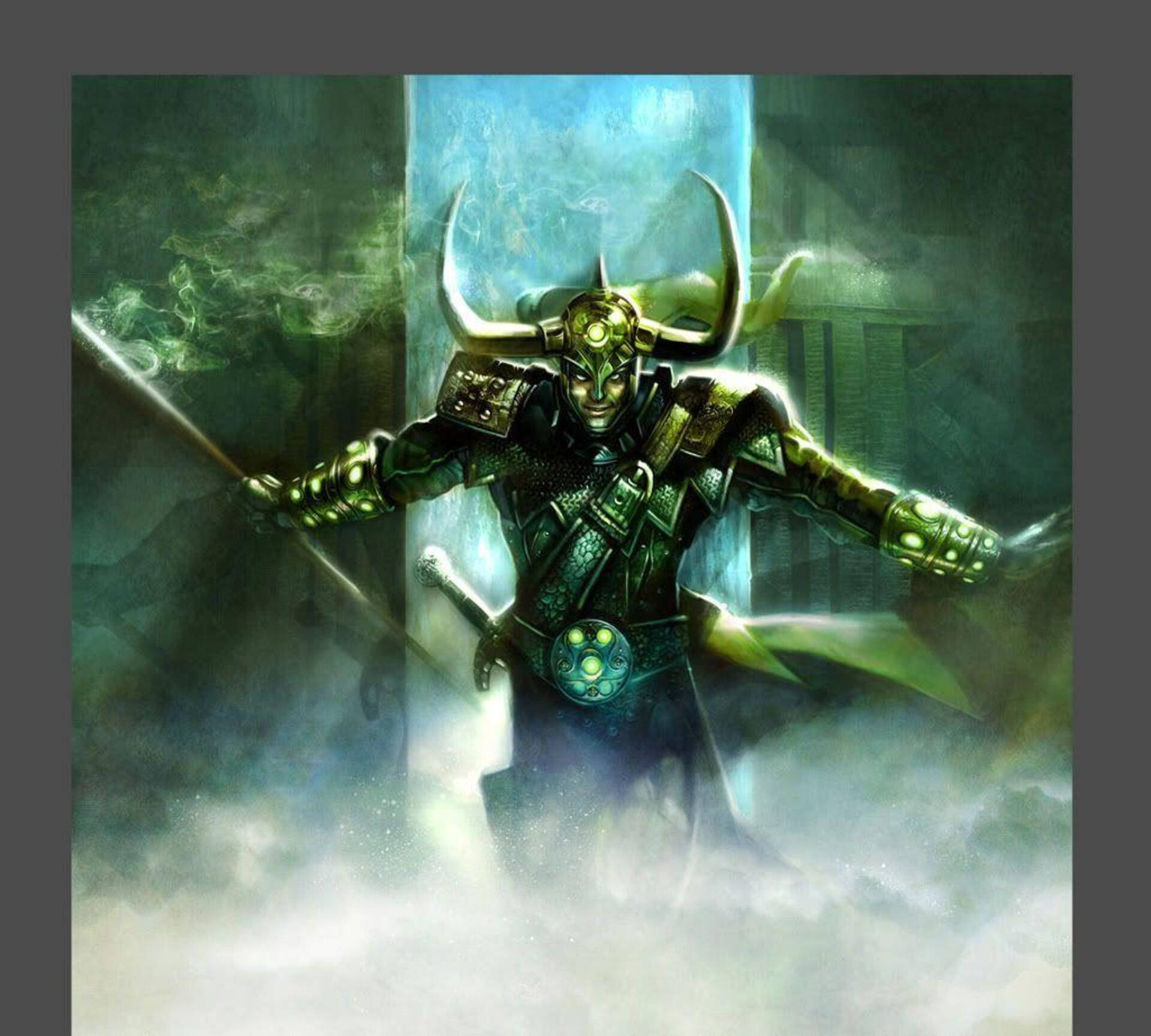 Marvel skurke Loki med blå og grønne nuancer Wallpaper