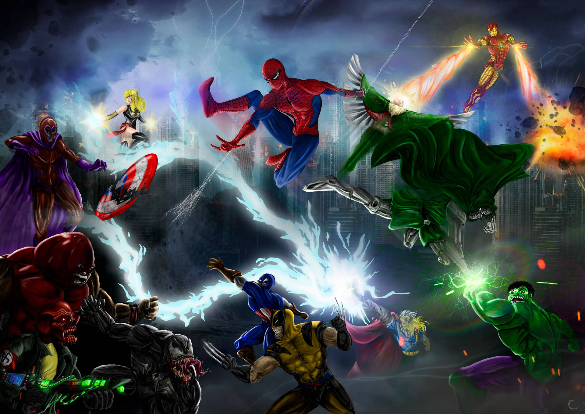 Marvel Skurke VS Superhelte Fanart Tapet: Visualiser Marvel universet gennem optrædener af helte og skurke. Wallpaper