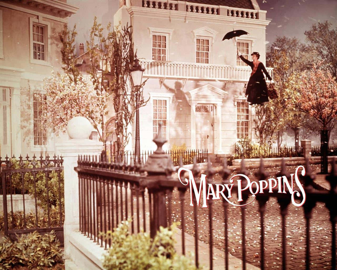 Mary Poppins floating gracefully with her magical umbrella Wallpaper