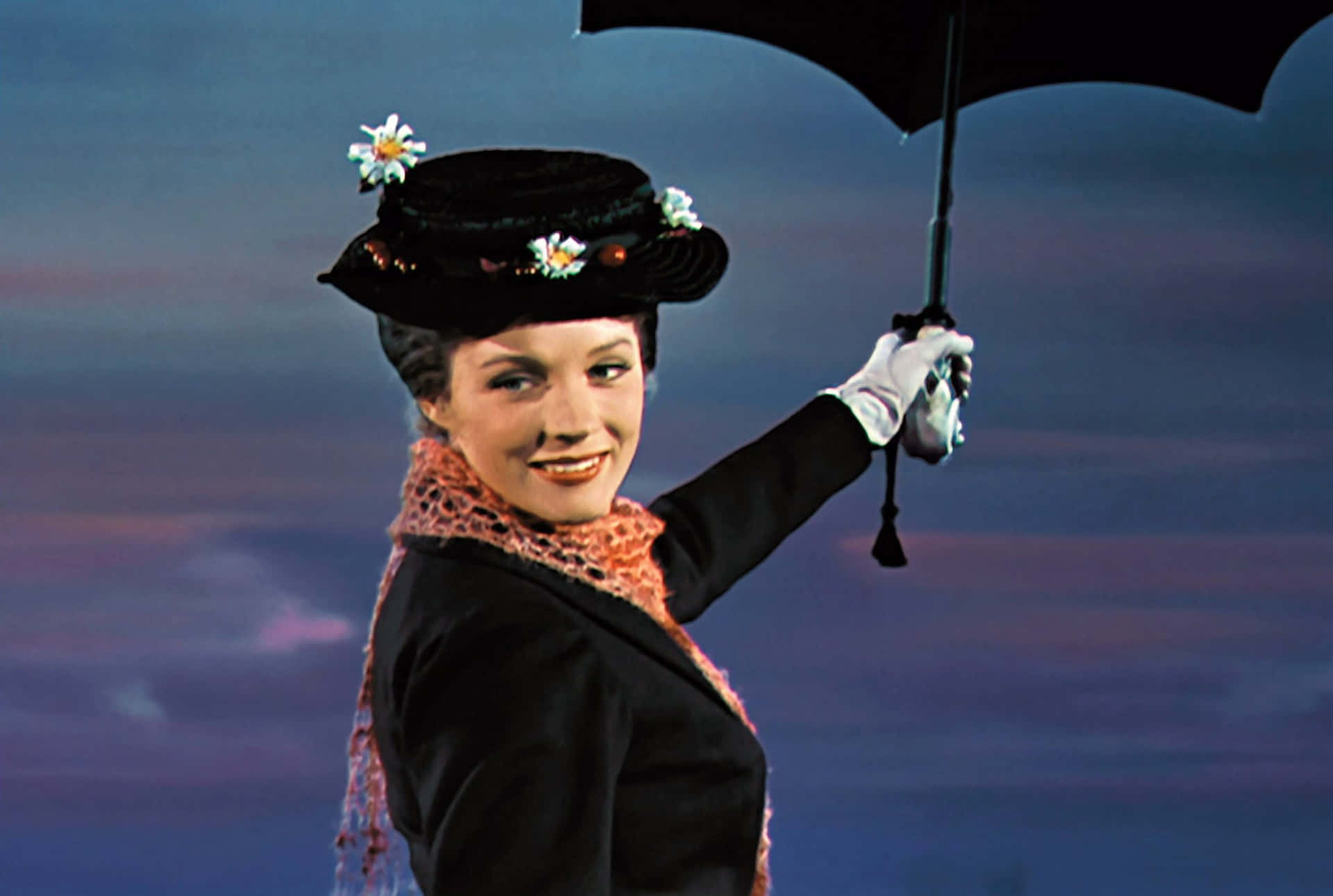 Mary Poppins Flying with Umbrella Wallpaper