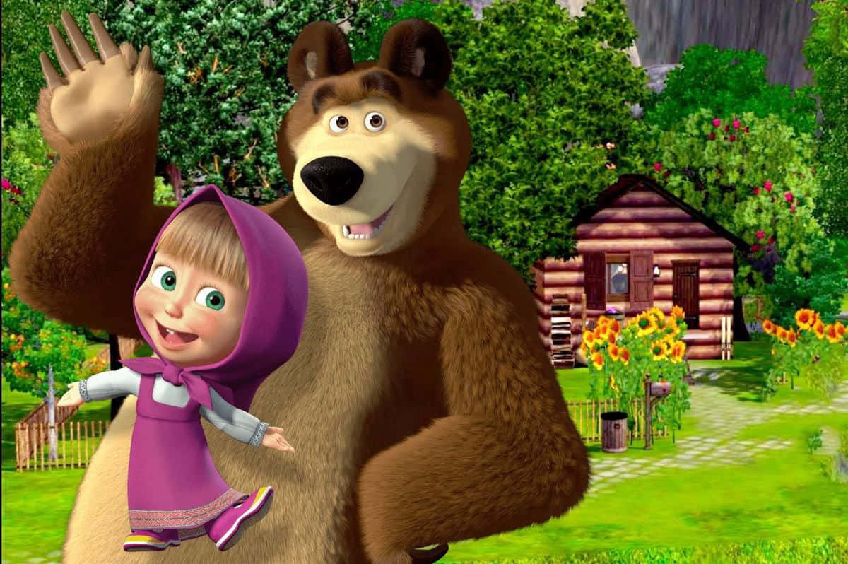 Masha and The Bear laughing together in the forest