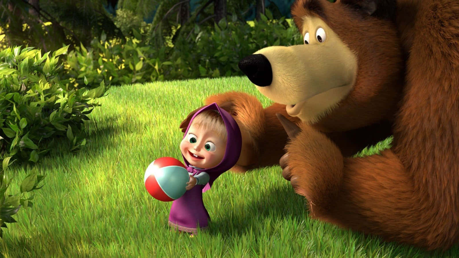 Masha and the Bear sharing a moment in the forest