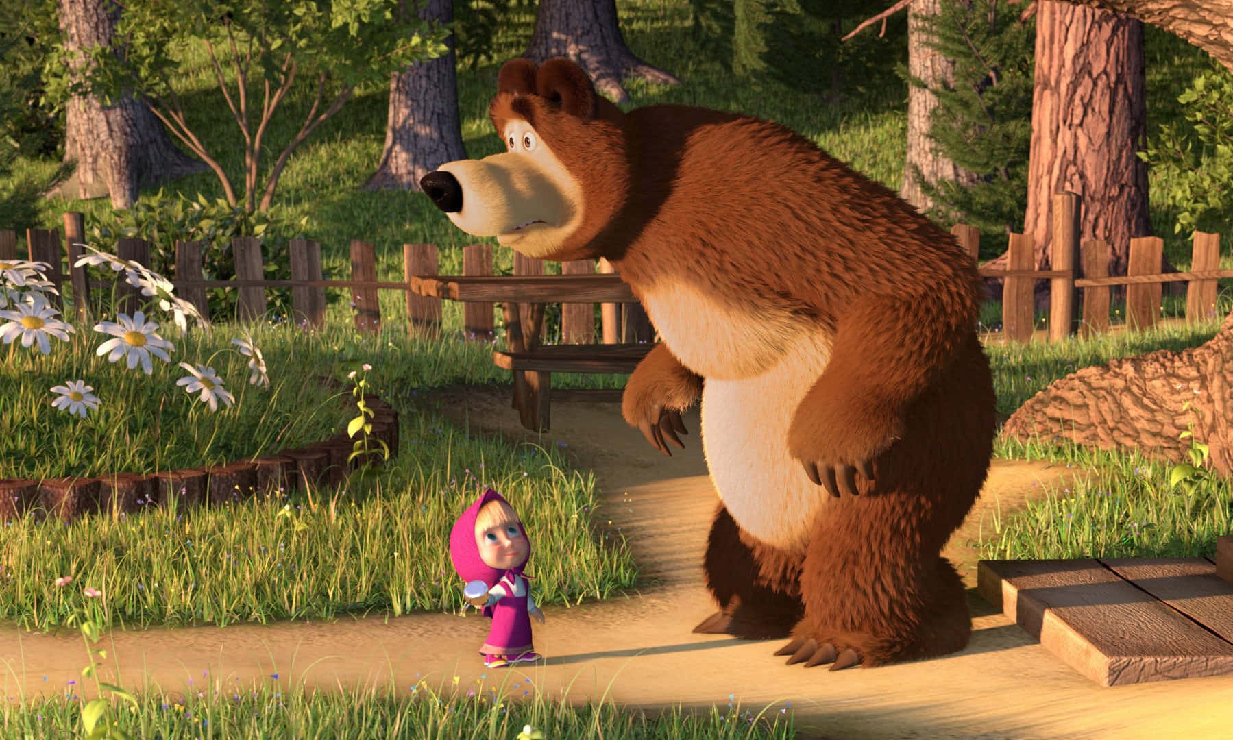 Masha and the Bear enjoying a sunny day in the forest
