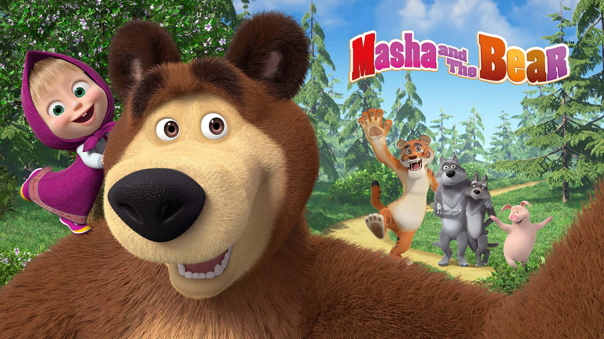 Masha and the Bear exploring the forest together