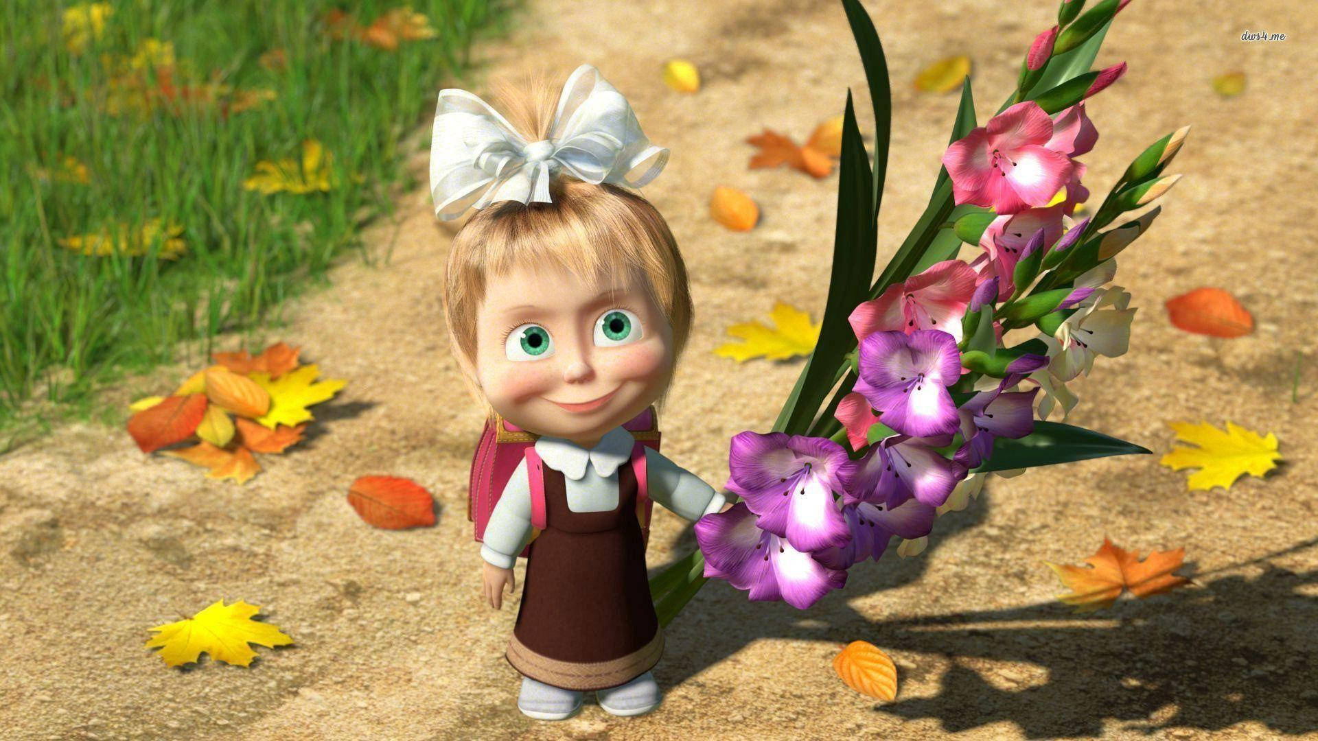 Masha And The Bear With Flowers Wallpaper