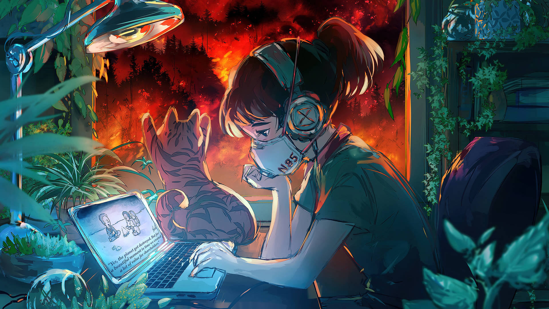 Masked Anime Girl Works On Laptop With Her Cat Wallpaper