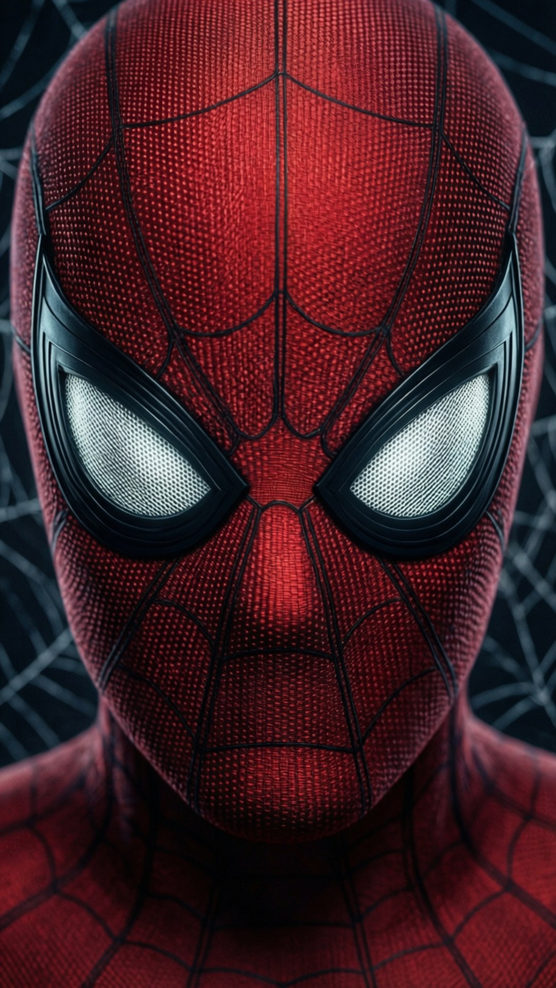 Intense close-up of Spider-Man's mask with glowing eyes on dark background.