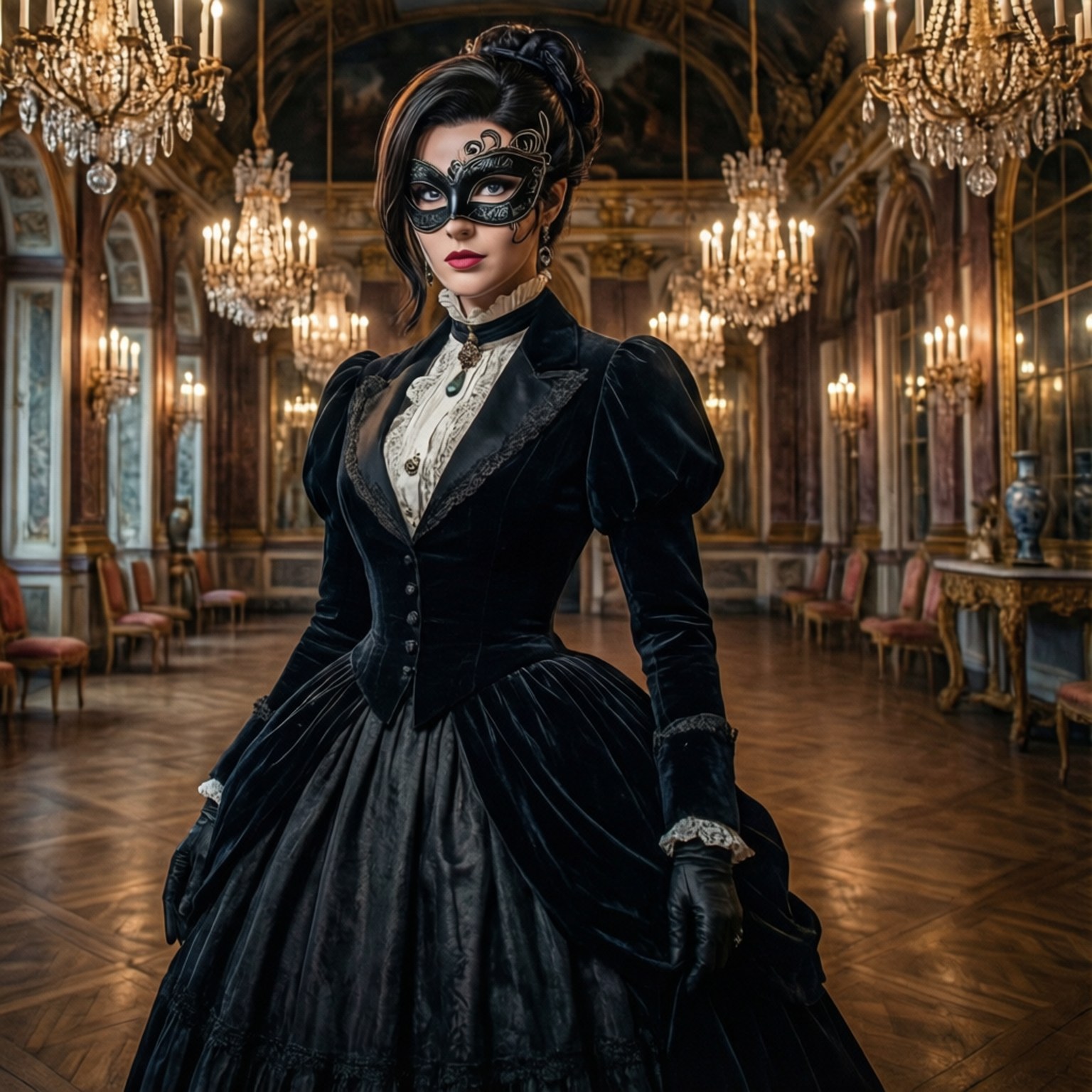 Kvinde i sort fløjlskjole og maske i overdådig paladsal med lysekroner.