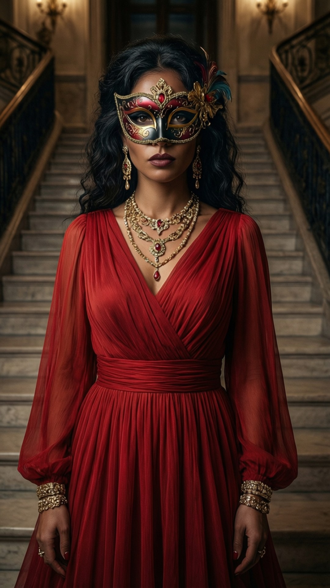 Carmel Amit à un bal masqué en robe rouge, mystérieuse et élégante