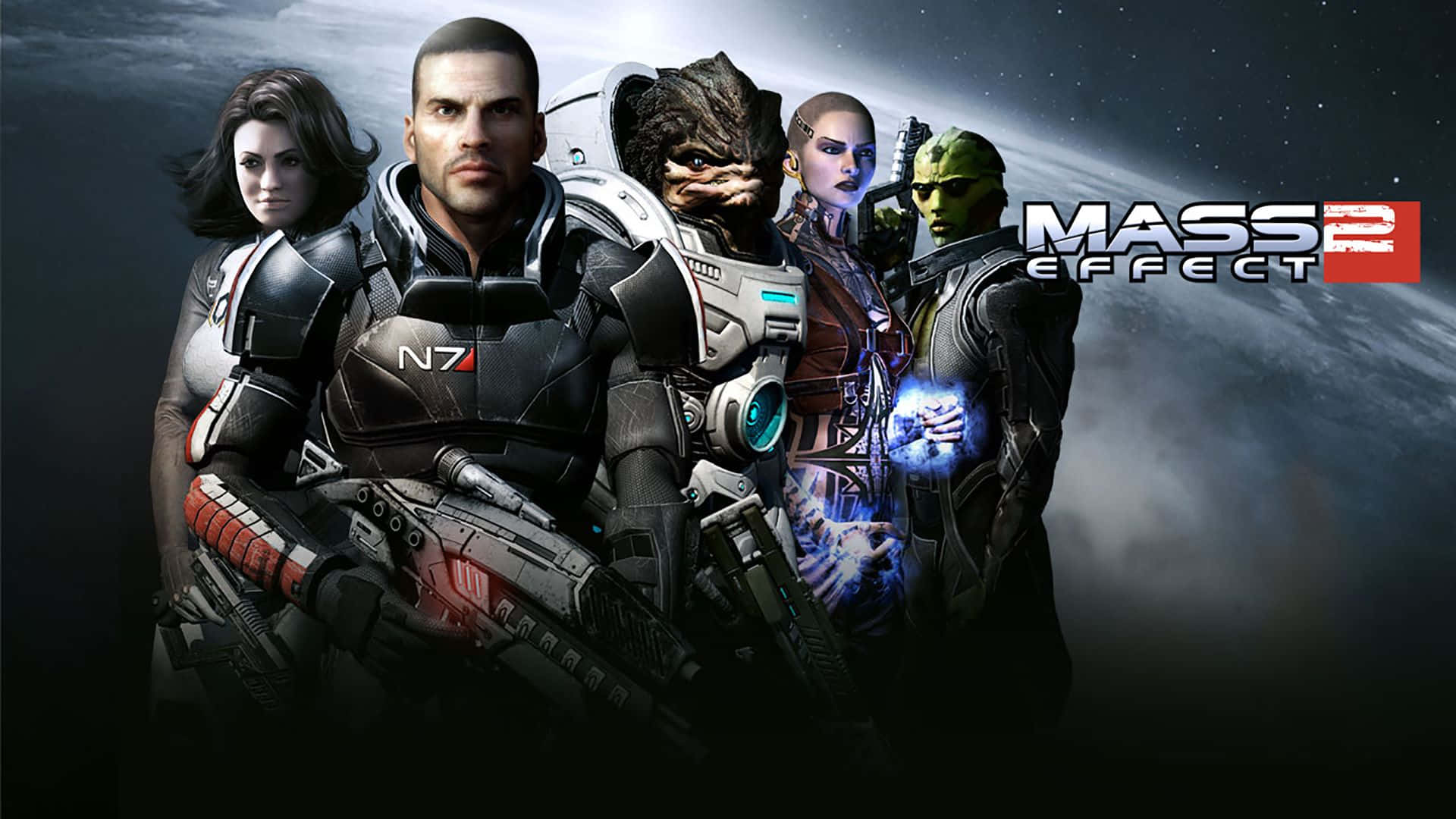 Commander Shepard and crew ready for battle in Mass Effect 2 Wallpaper