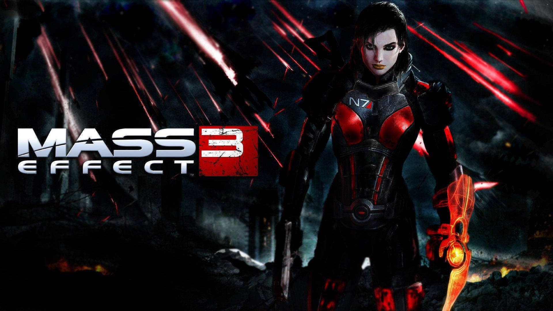 Mass Effect 3 FemShep i rød og sort Rustning Tapet Wallpaper