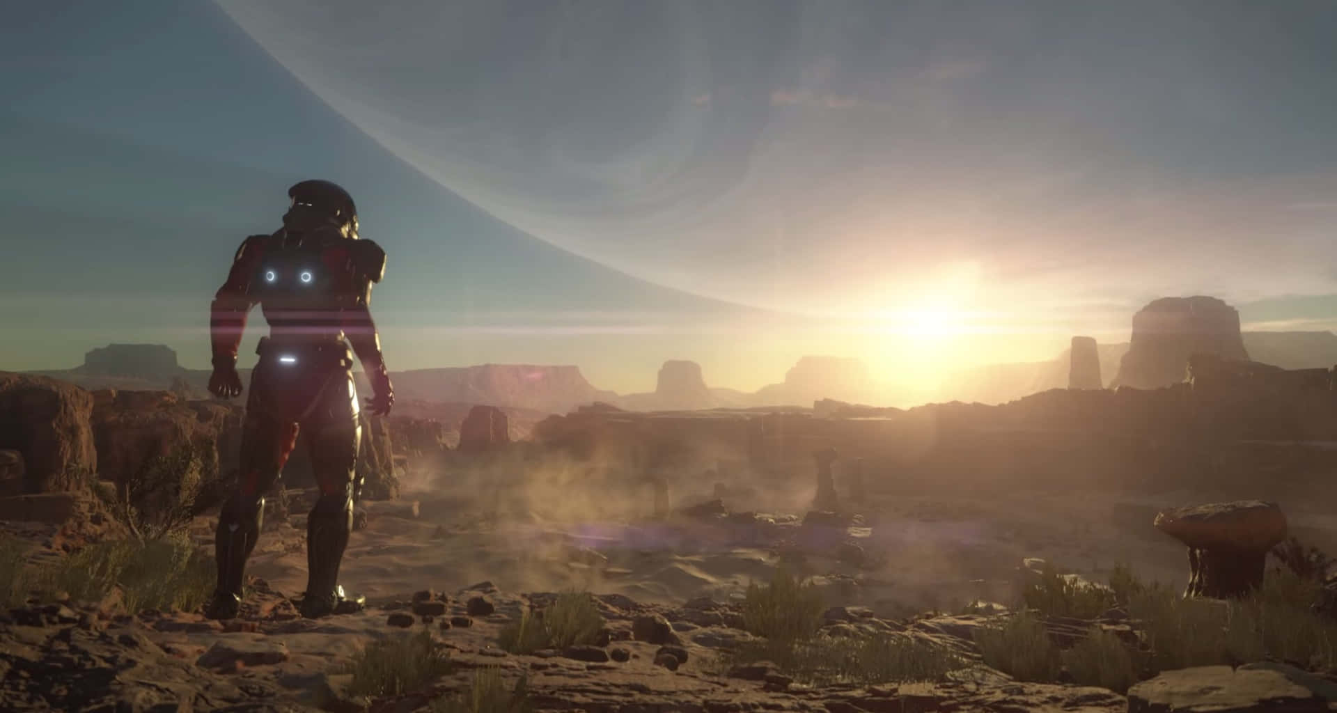 The Tempest crew explores a mysterious planet in Mass Effect: Andromeda Wallpaper