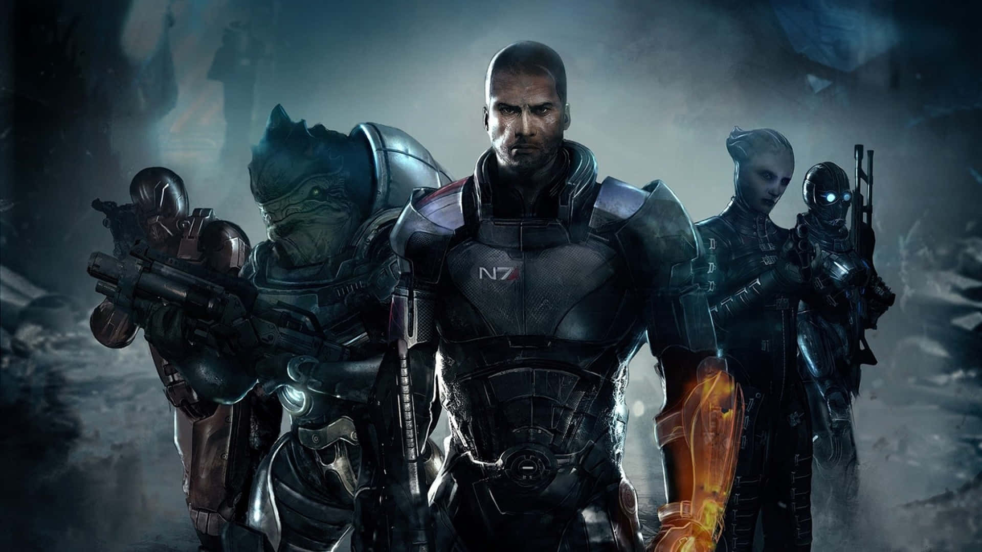 Caption: Mass Effect Characters Gearing Up for Battle Wallpaper