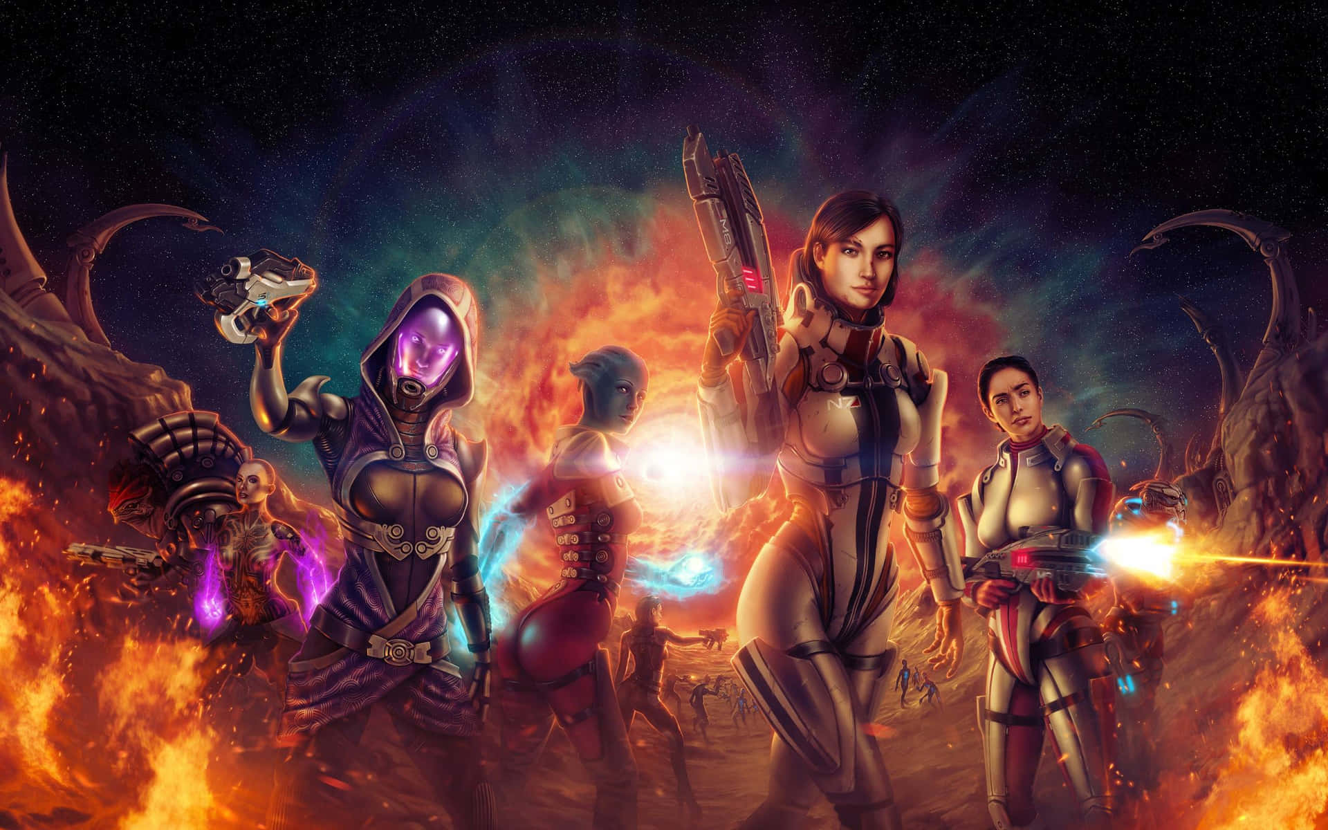 Personajesde Mass Effect Posando En Un Impresionante Estilo Artístico. Fondo de pantalla
