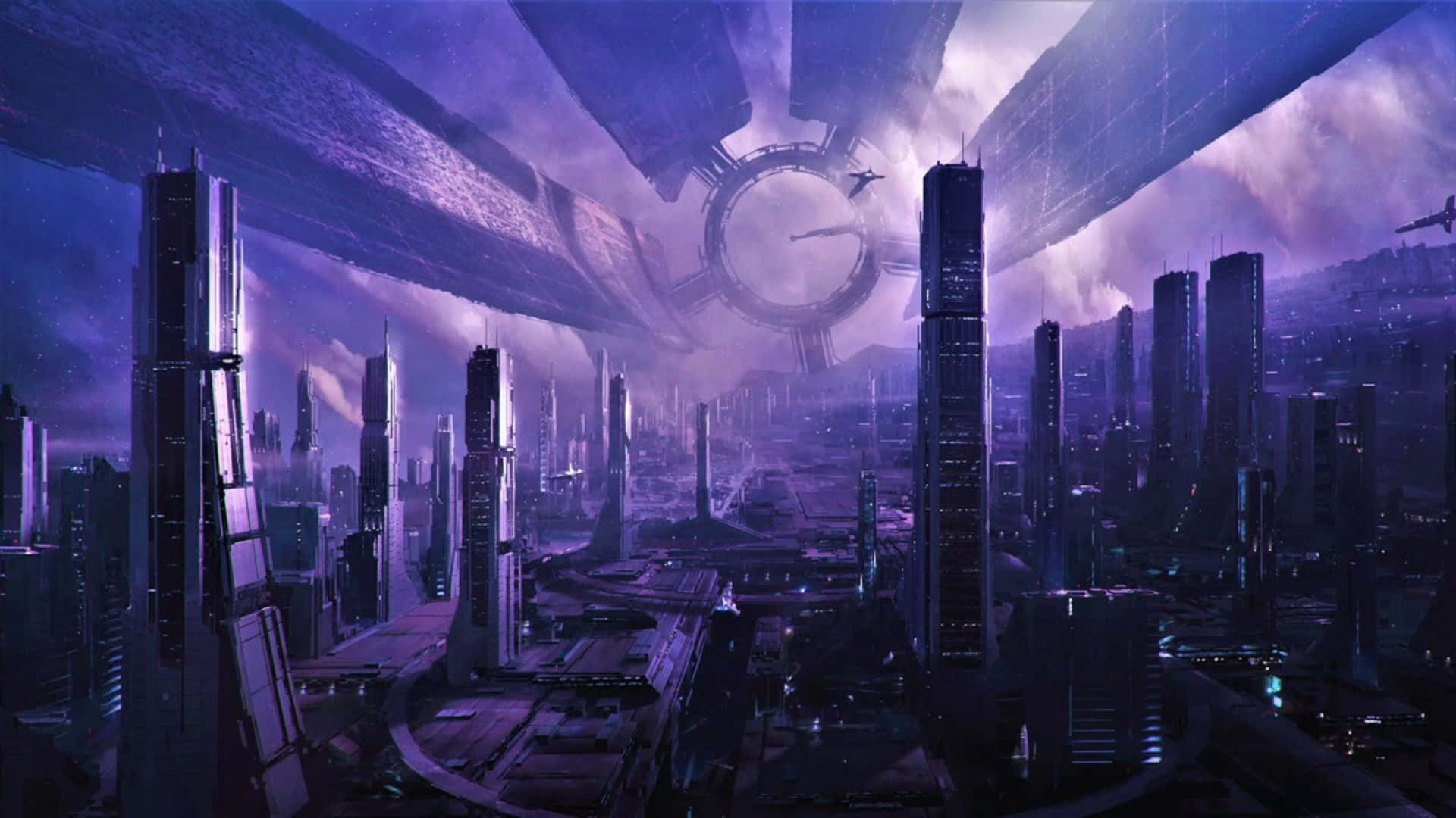 Impresionantevista De La Ciudadela De Mass Effect Iluminada Por La Noche. Fondo de pantalla