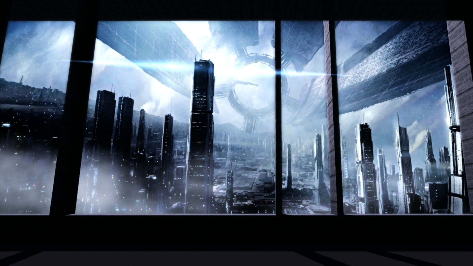 The majestic Mass Effect Citadel soars above a futuristic city skyline. Wallpaper