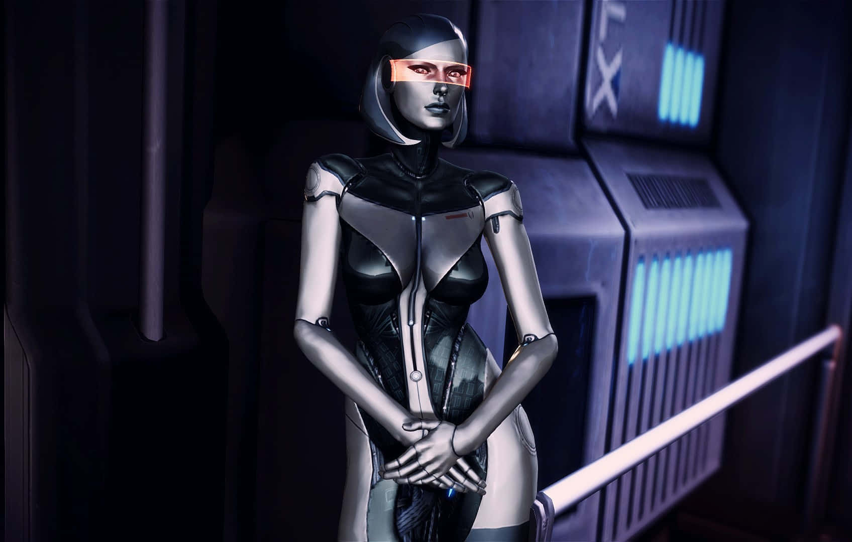 EDI, the advanced AI in Mass Effect Universe, portrayed in front of a vibrant interstellar backdrop Wallpaper