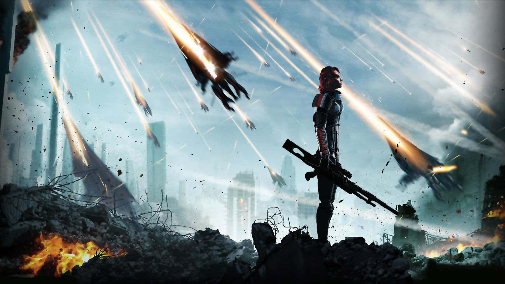 Comandanteshepard, La Protagonista Femenina De La Serie Mass Effect, Posando Fuerte Con Su Armadura Completa. Fondo de pantalla