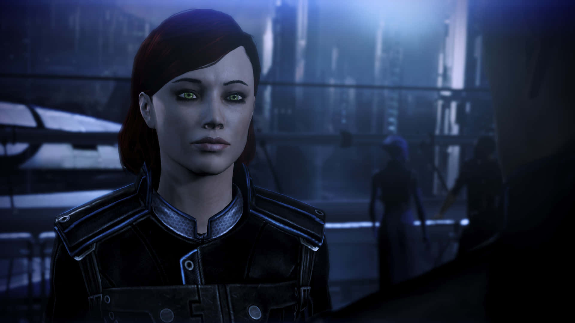 Commander Femshep from Mass Effect in a dramatic action pose Wallpaper