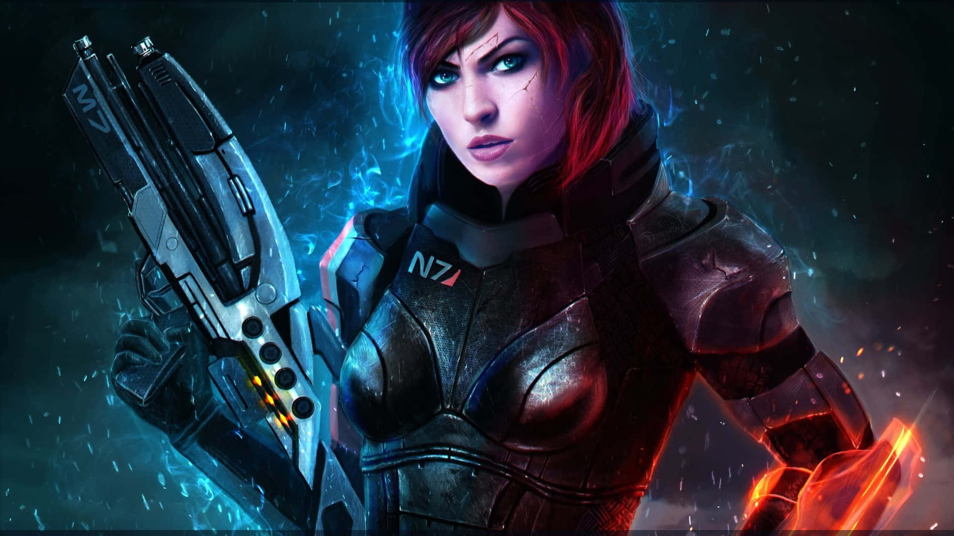 Commander Femshep standing strong in Mass Effect Wallpaper