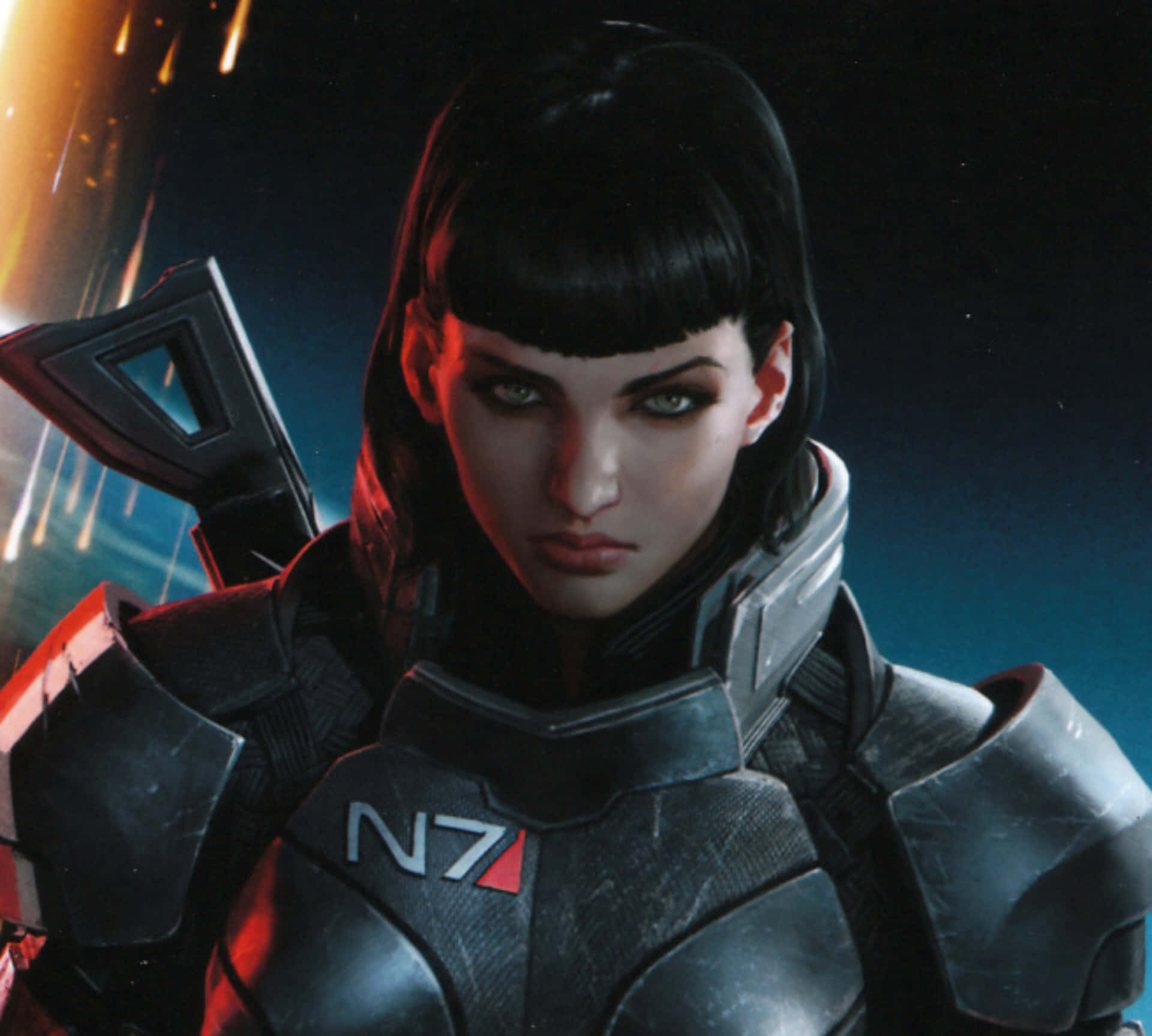 Commander Shepard wielding a gun in Mass Effect universe Wallpaper