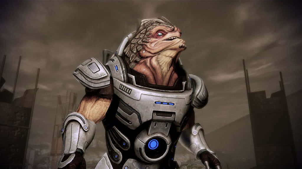 Intense Grunt overlooking a fiery battlefield in Mass Effect Wallpaper