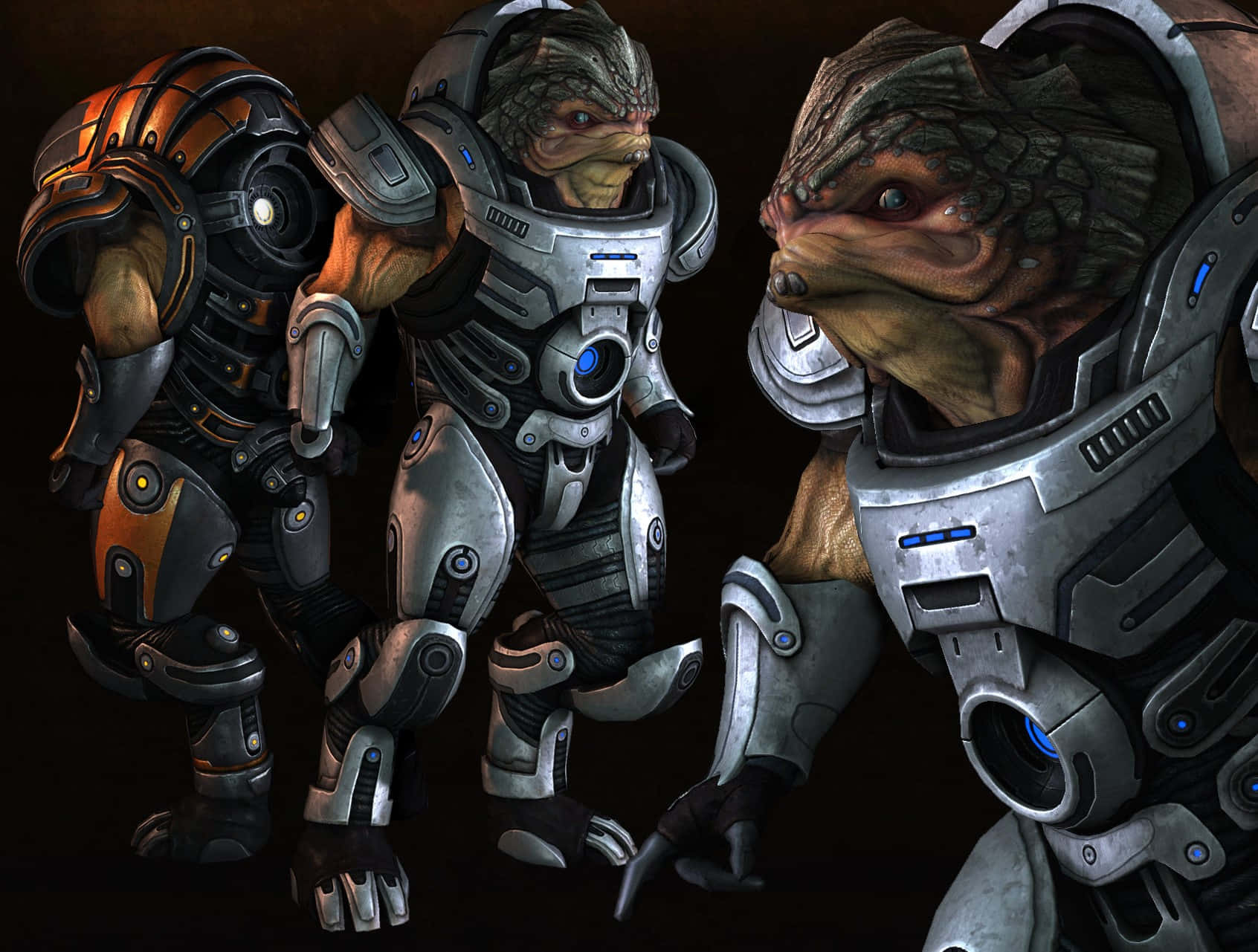Grunt, the Krogan warrior, standing tall in a Mass Effect game scene. Wallpaper