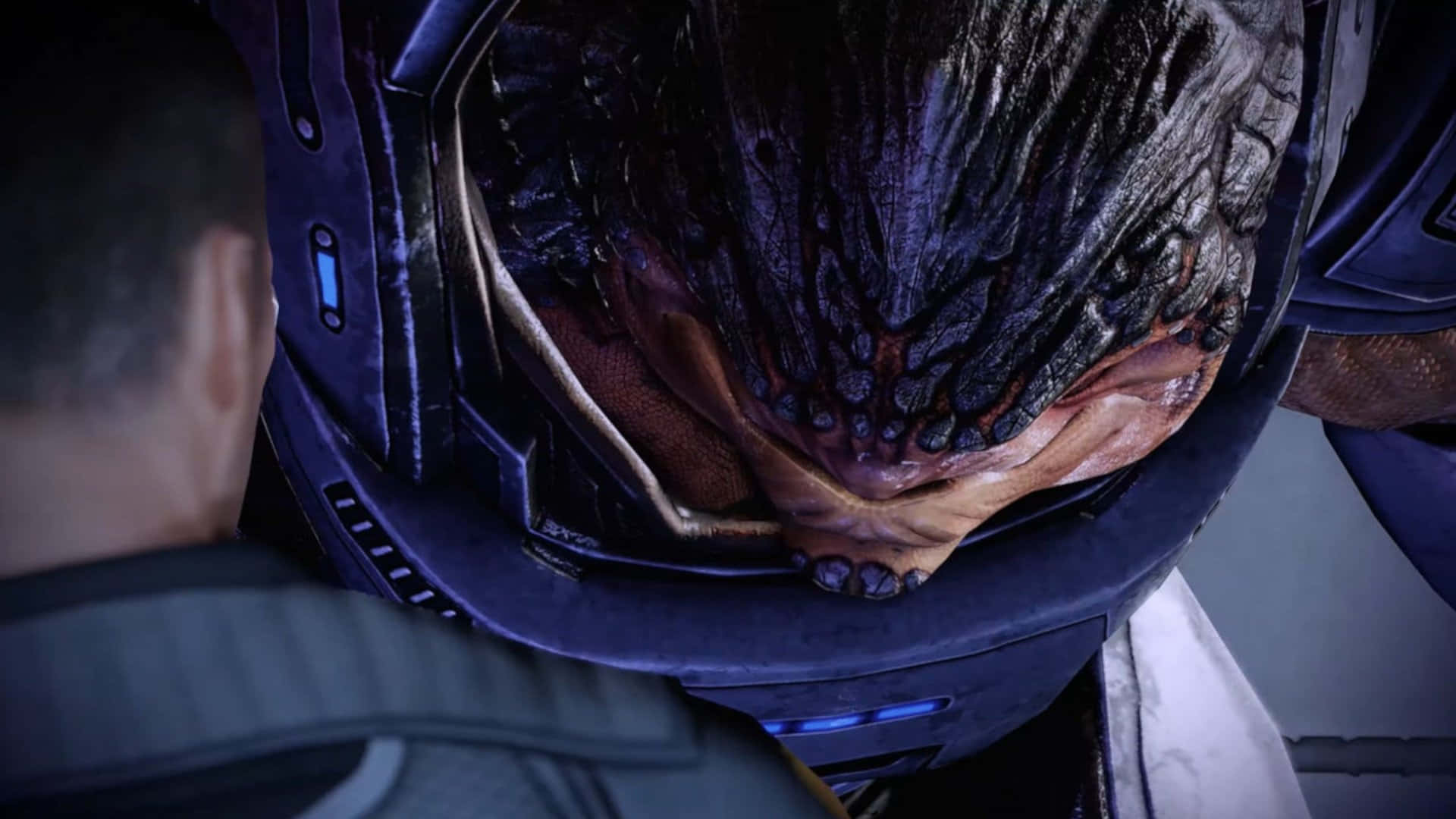 Grunt, the Krogan warrior from Mass Effect, standing fiercely in combat Wallpaper