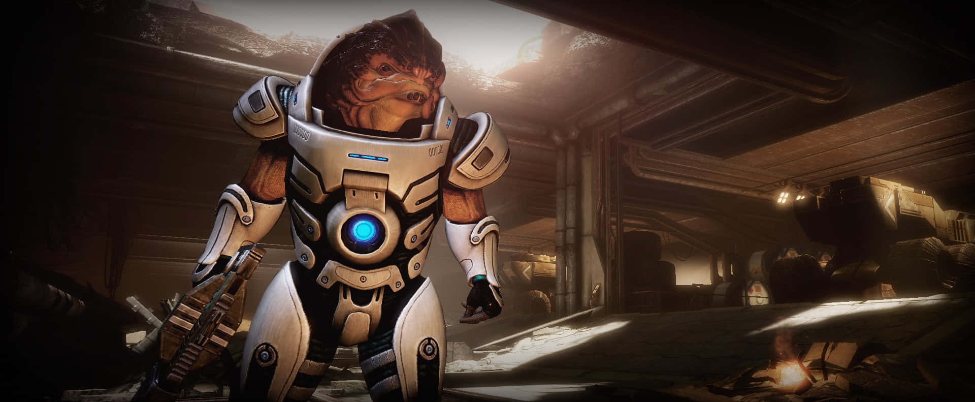 Grunt, the mighty Krogan warrior, from Mass Effect standing with a fierce look on a battlefield Wallpaper