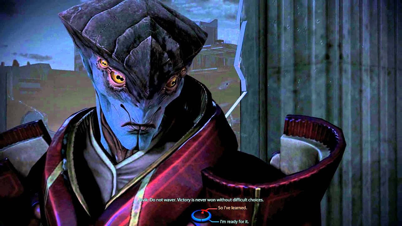 Javik, the Prothean warrior from Mass Effect, stands amidst battle Wallpaper