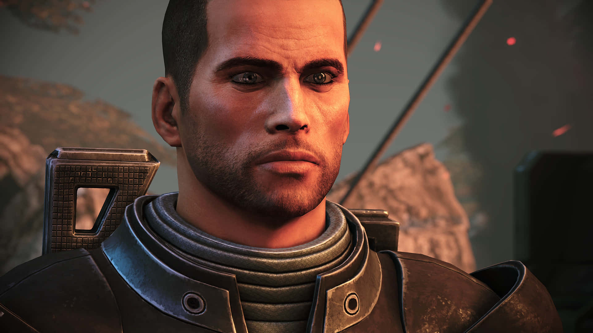Commander Shepard overlooking a majestic galaxy in Mass Effect Legendary Edition Wallpaper
