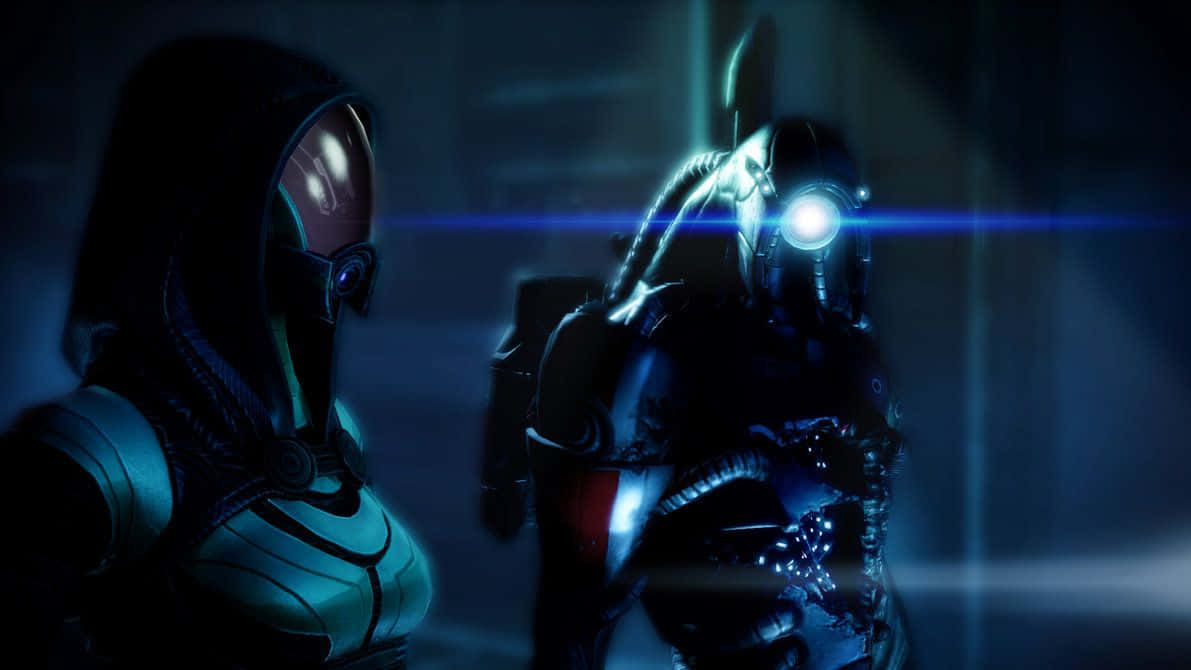 Legion, the Geth Infiltrator, in an epic Mass Effect battle scene Wallpaper