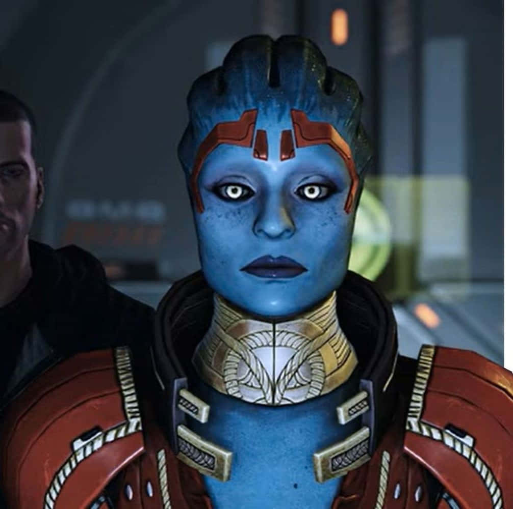 Samara, the powerful Asari Justicar, stares intensely in this striking Mass Effect scene. Wallpaper