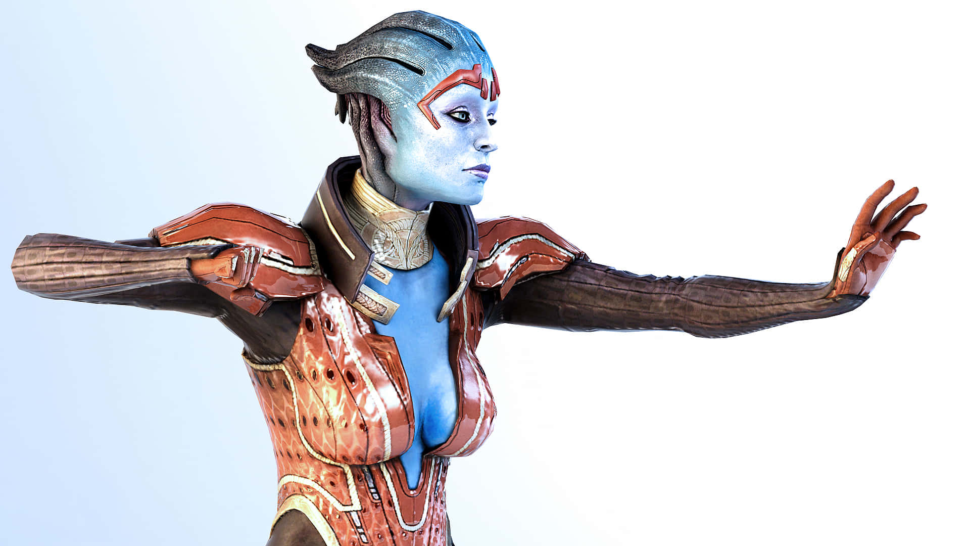 Samara, the powerful Justicar in Mass Effect, meditating against a futuristic cityscape. Wallpaper