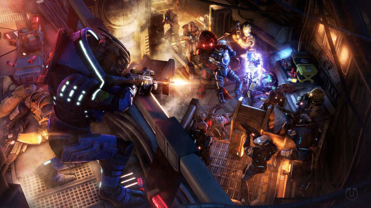 Commander Shepard leading the team in Mass Effect Trilogy Wallpaper