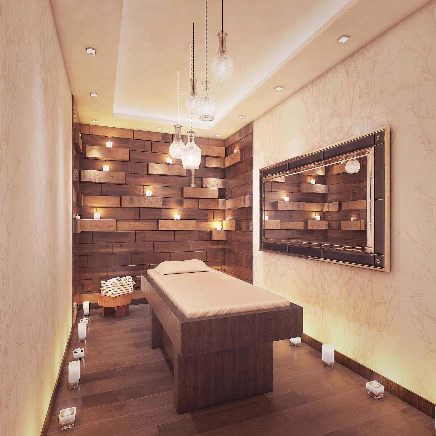 A Massage Room With Wooden Walls And A Mirror