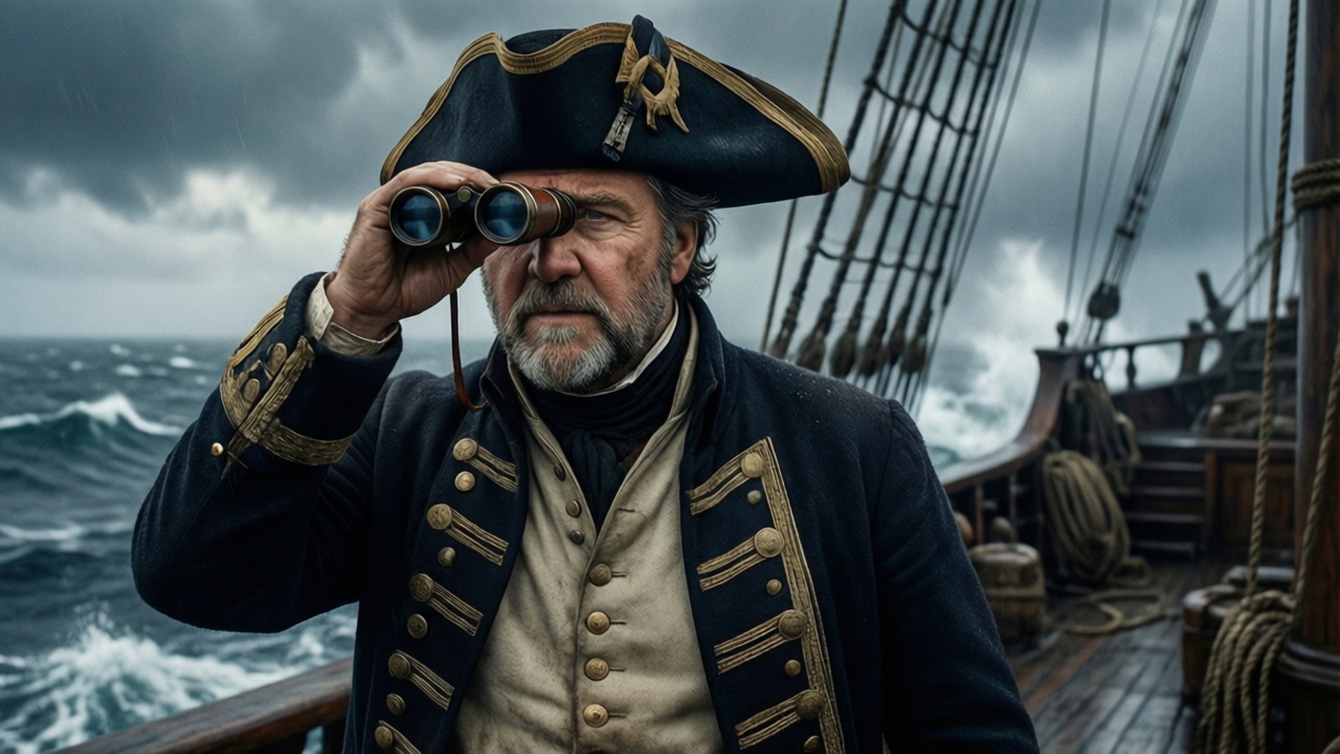 Master and Commander Achtergronden — Russell Crowe als kapitein Aubrey op het schip in een storm