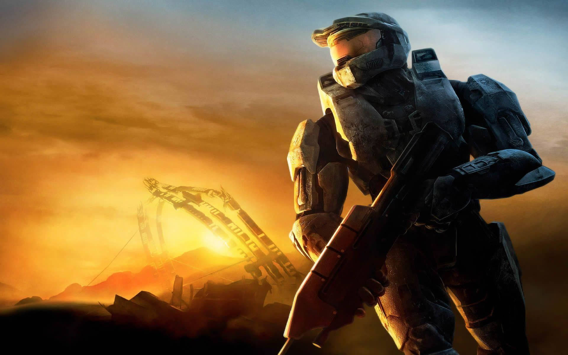 Master Chief Standing At Field Wallpaper