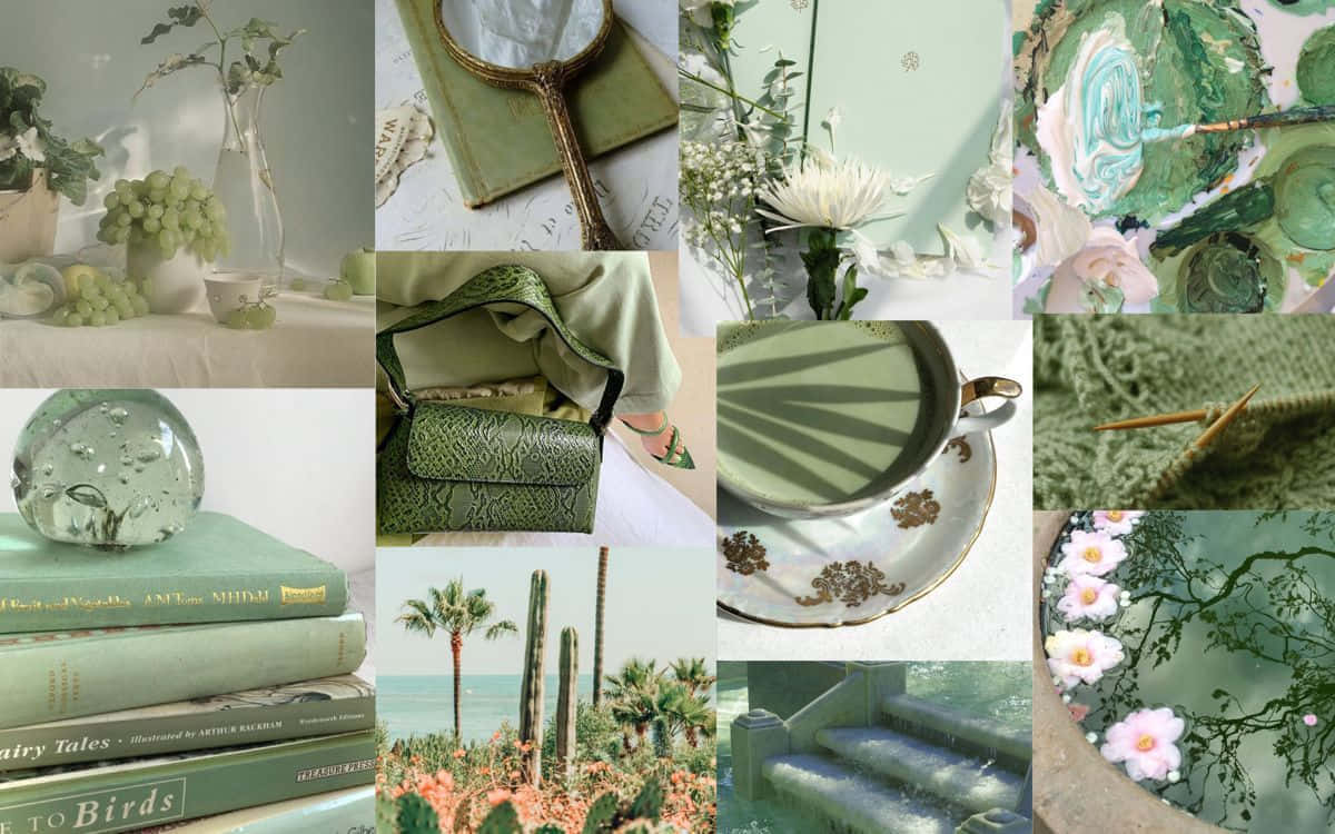 Matcha Toned Aesthetic Collage Wallpaper