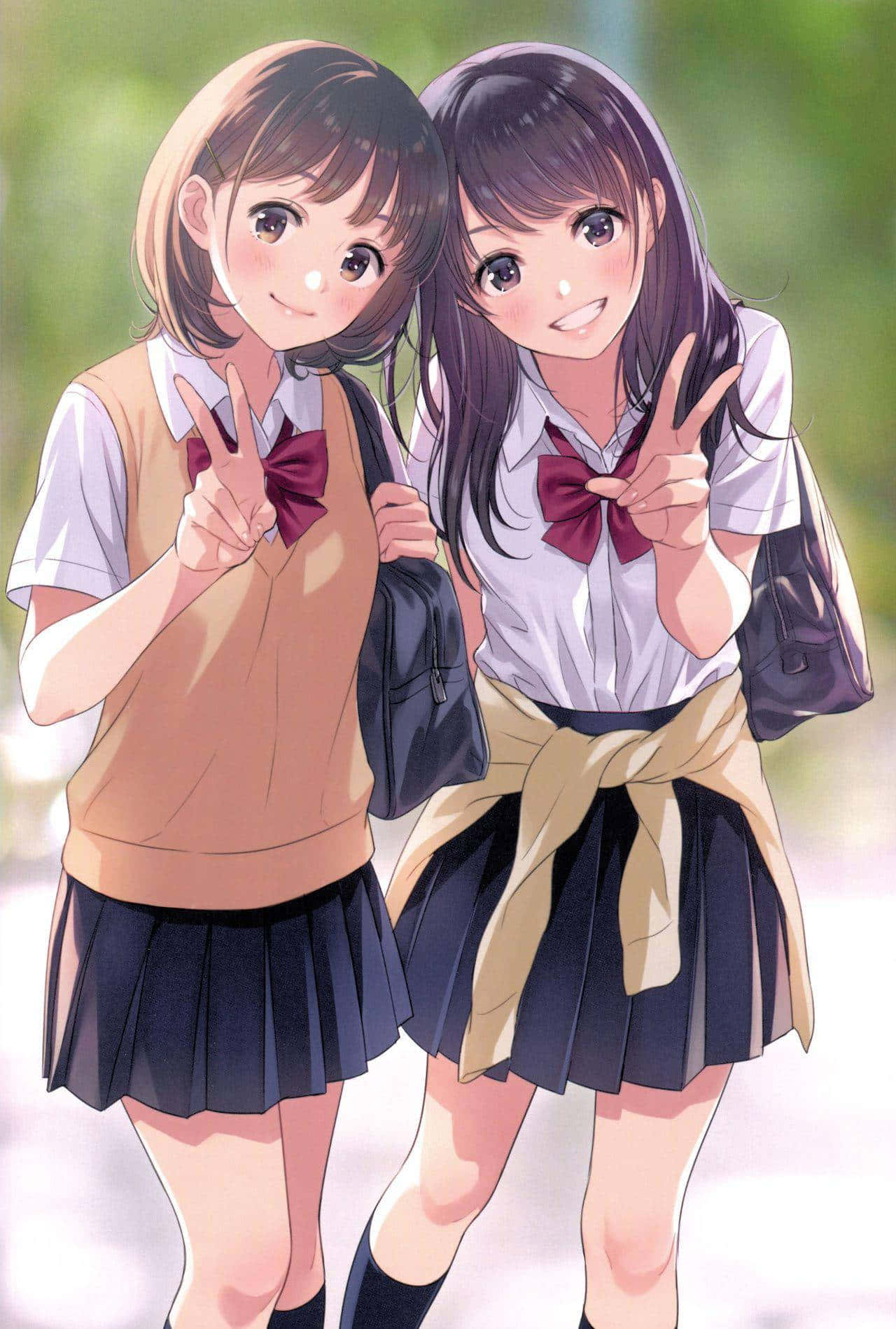 Matching Anime Girls Peace Sign Wallpaper