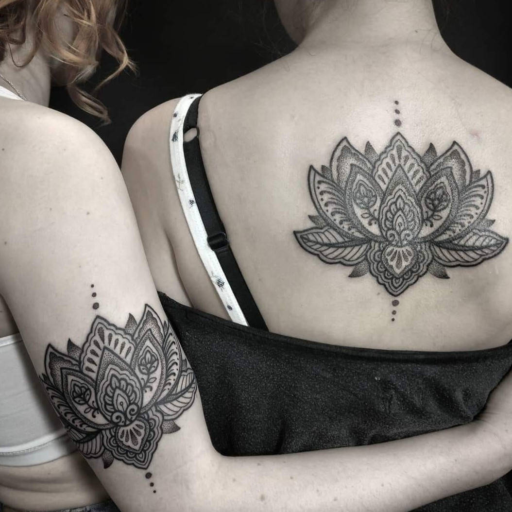 Blackwork/ornamental matching mandala tattoo on both | Mandala tattoo,  Tattoos, Matching tattoos